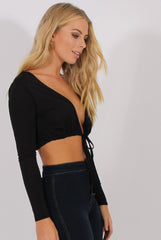 Black Plunge Drawstring Crop Top - Aggie