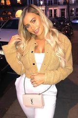 Tan Cropped Borg Trucker Jacket - Aarohi