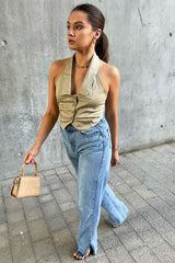 Stone Halterneck Plunge Waistcoat Top - Hazley