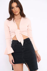 Nude Plunge Tie Front Flare Sleeve Crop Top - Aimi
