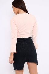 Nude Plunge Tie Front Flare Sleeve Crop Top - Aimi