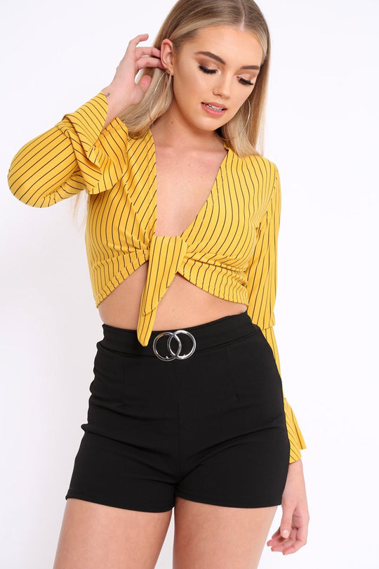 Mustard Striped Plunge Tie Front Flare Sleeve Crop Top - Aimi