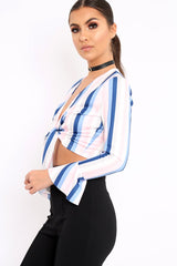 White Multi Stripe Plunge Tie Front Flare Sleeve Crop Top - Aimi