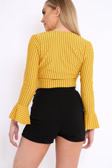 Mustard Striped Plunge Tie Front Flare Sleeve Crop Top - Aimi