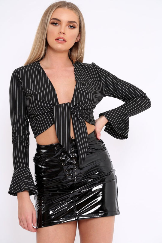 Black Striped Plunge Tie Front Flare Sleeve Crop Top - Aimi