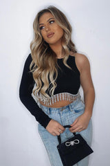 Black Rib Knit Diamante Detail One Sleeve Cropped Top - Aina