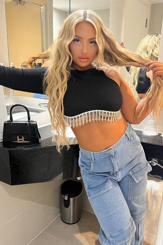 Black Rib Knit Diamante Detail One Sleeve Cropped Top - Aina