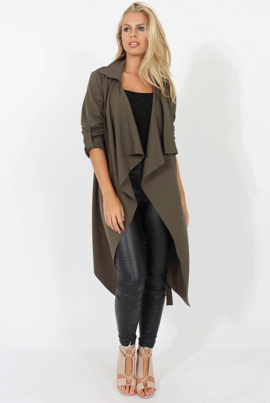 Khaki Belted Waterfall Duster Jacket - Aisla