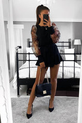 Black Floral Mesh Puff Sleeve Top - Farida