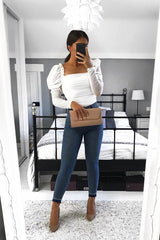 White Ruched Body Mesh Sleeve Bodysuit - Amylee