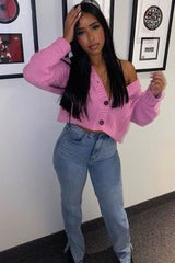 Pink Chunky Knit Button Up Crop Cardigan - Elly
