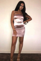 Pink Satin Diamante Strap Dress - Allaya