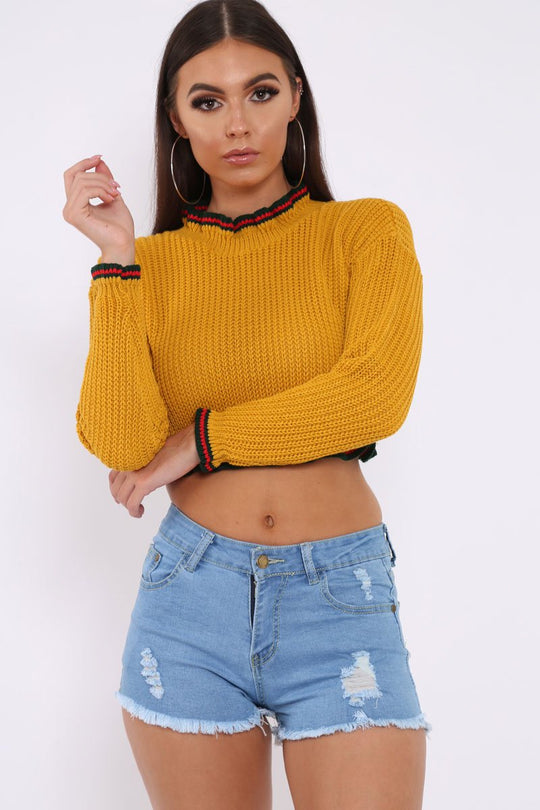 Mustard Ruffle Hem With Stripe Trim Chunky Knit Crop Jumper - Alannah