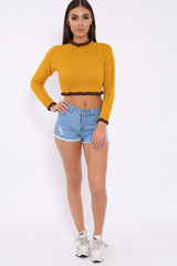 Mustard Ruffle Hem With Stripe Trim Chunky Knit Crop Jumper - Alannah