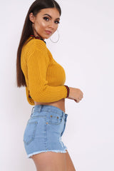 Mustard Ruffle Hem With Stripe Trim Chunky Knit Crop Jumper - Alannah