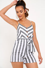 Grey Stripe Button Front Cami Tie Waist Playsuit - Alanni