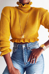 Mustard Ruffle Hem Chunky Knit Crop Jumper - Alannah