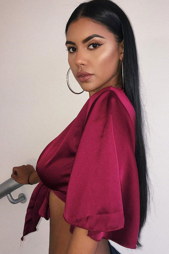 Wine Satin Tie Crop Top - Alara