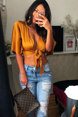 Mustard Satin Tie Crop Top - Alara