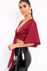Wine Satin Tie Crop Top - Alara