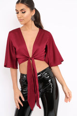 Wine Satin Tie Crop Top - Alara