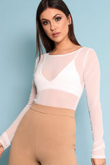 White Mesh Long Sleeved Bodysuit - Alesa
