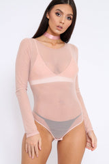Nude Mesh Long Sleeved Bodysuit - Alesa