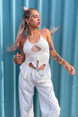 White Halter Neck Cut Out Hem Crop Top - Alessa