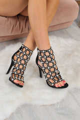 Black Faux Suede Cage Studded Heels - Alexcia
