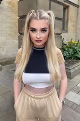 Camel Multi Contrast Stitch Panel Crop Top - Desire