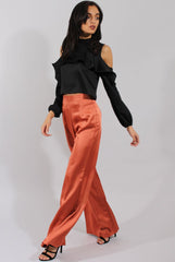 Rust High Waisted Satin Trousers - Alexia