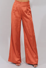 Rust High Waisted Satin Trousers - Alexia