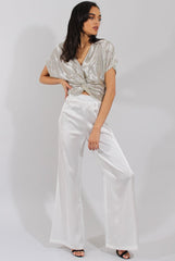 Cream High Waisted Satin Trousers - Alexia