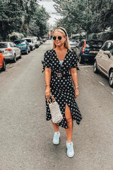 Black Polka Dot Button Front Midi Dress - Prima