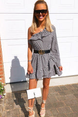 Black and Beige Stripe One Shoulder Frill Dress - Zyann