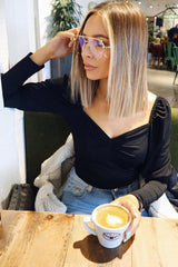 Black Puff Sleeve Sweetheart Neckline Crop Top - Tomi