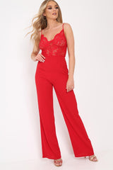Red Lace Top Jumpsuit - Alicea