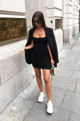 Black Slinky Ruched Tie Strap Bodycon Dress - Caressa