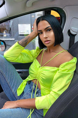 Lime Satin Ruched Tie Detail Top - Malika