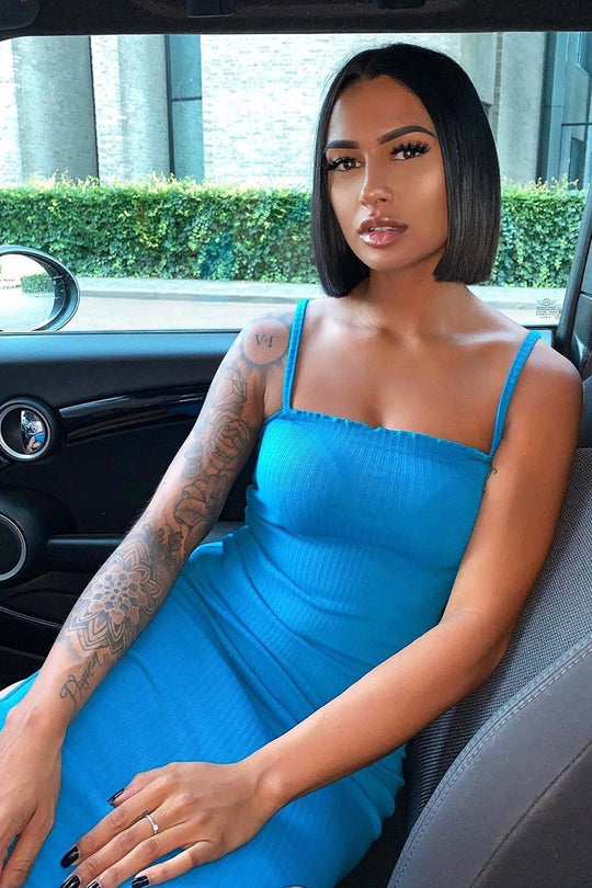 Blue Ribbed Frill Edge Midi Dress - Aalani