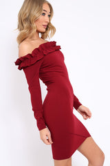 Wine Ruffle Bardot Bodycon Dress - Alix