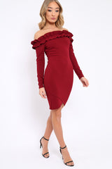 Wine Ruffle Bardot Bodycon Dress - Alix