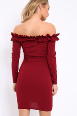 Wine Ruffle Bardot Bodycon Dress - Alix