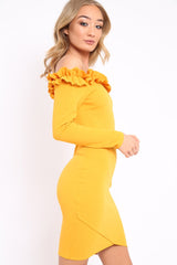 Mustard Ruffle Bardot Bodycon Dress - Alix