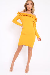Mustard Ruffle Bardot Bodycon Dress - Alix