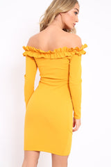 Mustard Ruffle Bardot Bodycon Dress - Alix