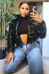 Black Vinyl Cropped Puffer Jacket - Zyonna