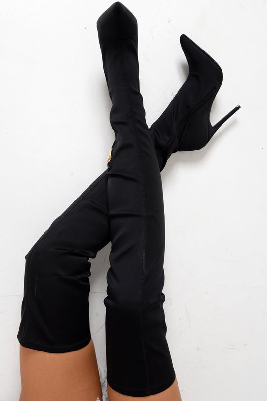 Black Pointed Stretch Thigh High Boots - Aliyan