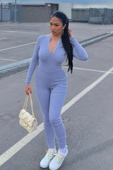 Grey Zip Up Front Full Sleeve Ribbed Jumpsuit - Lola