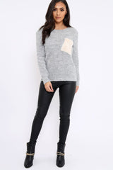 Grey Chunky Knit Fur Pocket Jumper - Alois